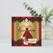 S Quinceanera 15th Red Black Gold Diamond Tiara Kaart (Staand voorkant)