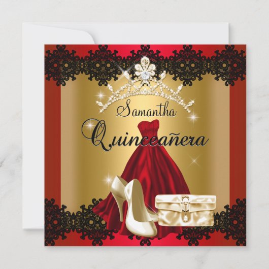 S Quinceanera 15th Red Black Gold Diamond Tiara Kaart (Voorkant)