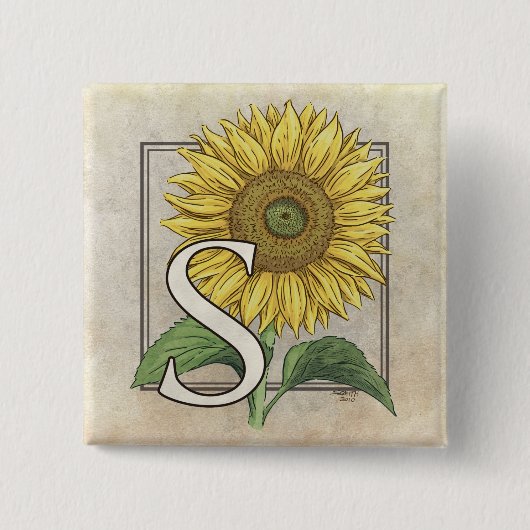 S voor zonnebloemen vierkante button 5,1 cm (Voorkant)