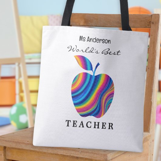 'S Werelds Beste Leraar Rainbow Apple Custom Name Tote Bag