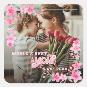 'S WERELDS BESTE MOEDER OOIT Foto Bloemen Aangepas Vierkante Sticker