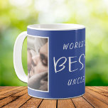 's Werelds beste oom foto blauw Koffiemok<br><div class="desc">Een leuk cadeau voor 's werelds beste oom,  deze mok heeft een foto van zijn neefjes en nichtjes,  hun namen en 'World's Best Uncle' in de hedendaagse witte typografie.</div>