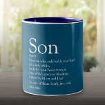 's Werelds beste zoon definitie modern blauw speel Tweekleurige Koffiemok<br><div class="desc">Geef uw speciale zoon of hijo een persoonlijk tintje om een uniek geschenk te creëer. Een perfecte manier om hem te shows hoe geweldig hij elke dag is. Ontworpen door: Thisnotme©</div>