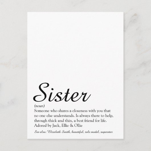 's Werelds beste zuster-definitie elegant script Briefkaart (Voorkant)