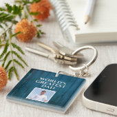 's Werelds grootste vader - foto op rustiek blauw Sleutelhanger (Voorkant Rechts)