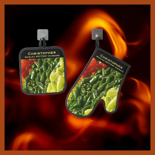 's Werelds HEETSTE Man Vriend Chili Pepper Ovenwant & Pannenlap Set