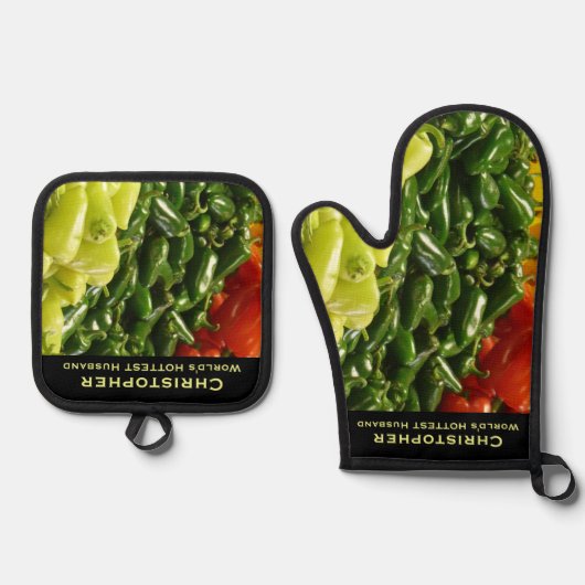 's Werelds HEETSTE Man Vriend Chili Pepper Ovenwant & Pannenlap Set (Voorkant)