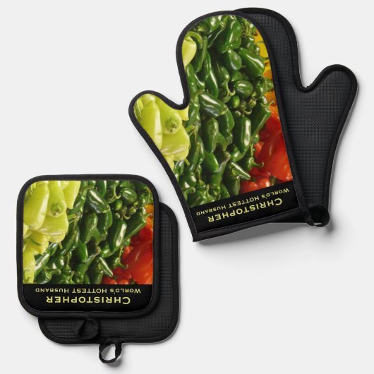 's Werelds HEETSTE Man Vriend Chili Pepper Ovenwant & Pannenlap Set (Voorkant / Achterkant)