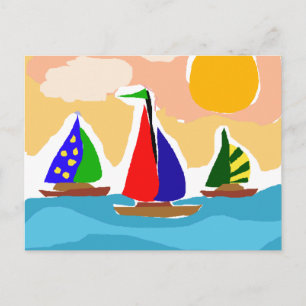 SA- kleurrijke Sailboat Primitive Art Briefkaart