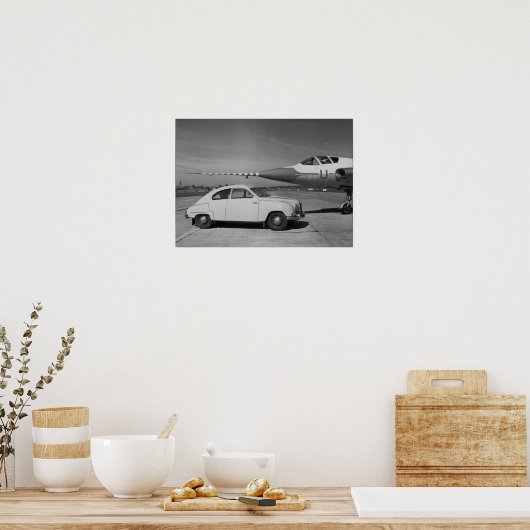 Saab 93b  1958 zwart-wit foto poster (Keuken)
