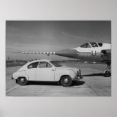 Saab 93b  1958 zwart-wit foto poster (Voorkant)