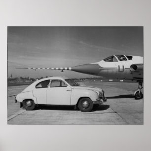 Saab 93b  1958 zwart-wit foto poster
