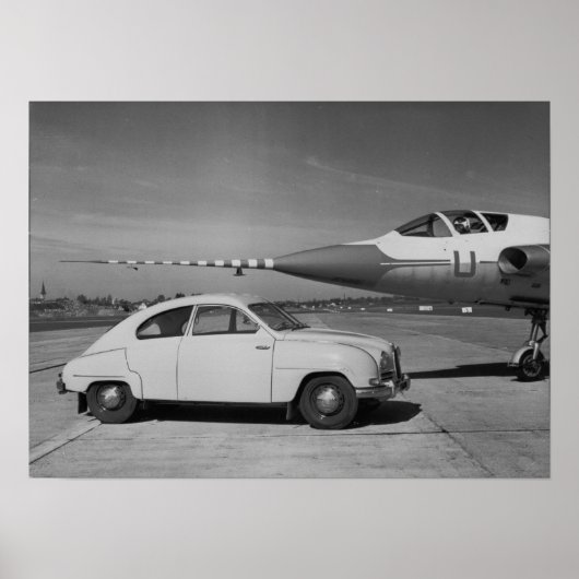 Saab 93b  1958 zwart-wit foto poster (Voorkant)