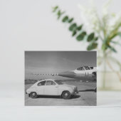 Saab 93b Vintage 1958 Zwart & Wit Foto Briefkaart (Staand voorkant)