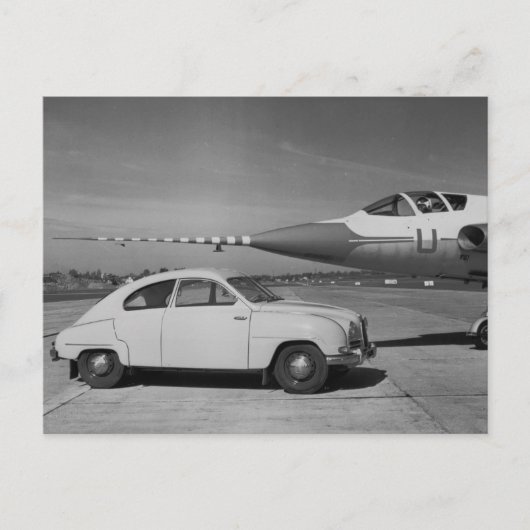 Saab 93b Vintage 1958 Zwart & Wit Foto Briefkaart (Voorkant)