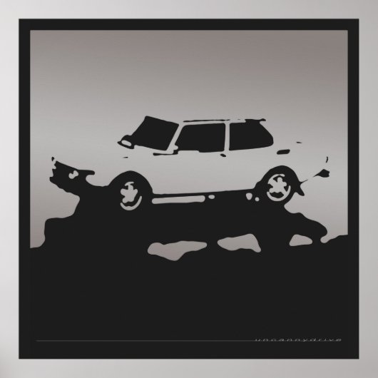 Saab 99 EMS - Zilver grijs op zwart poster met hou (Voorkant)