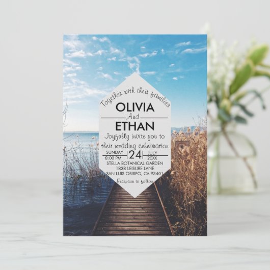 Saacape strandfeest bruiloft uitnodiging (Staand voorkant)