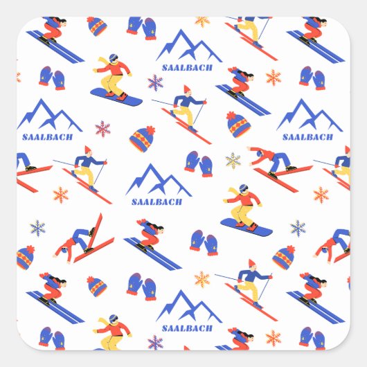 Saalbach Oostenrijk Alpen ski snowboard patroon Vierkante Sticker (Voorkant)