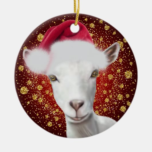 Saanen Dairy Goat Santa Hat kerstversiering Keramisch Ornament (Voorkant)