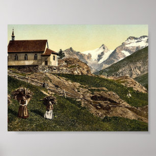Saas Fee, kerk en Rimpfischhorn, Valais, Alpen o Poster
