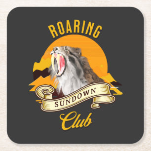 Sabeltandtijger Retro Zonsondergang Avonturenclub Kartonnen Onderzetters