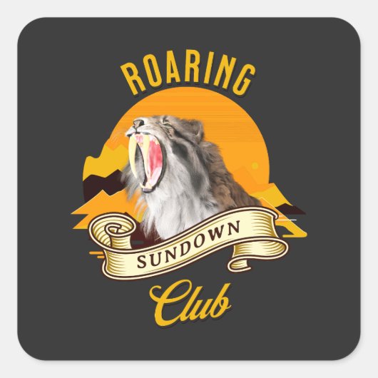 Sabeltandtijger Retro Zonsondergang Avonturenclub Vierkante Sticker (Voorkant)