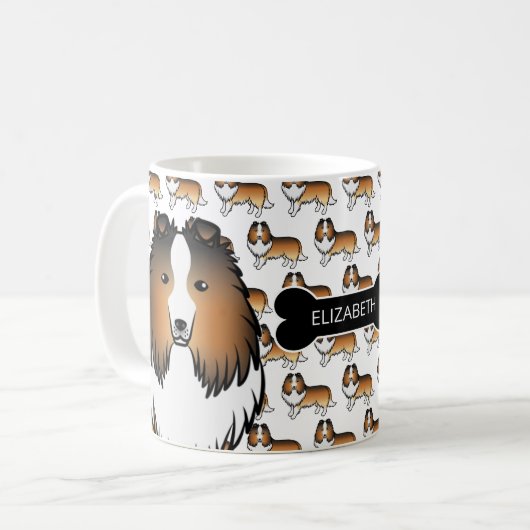 Sable Cartoon Sheltie met Dog Bone & Name Koffiemok (Voorkant links)