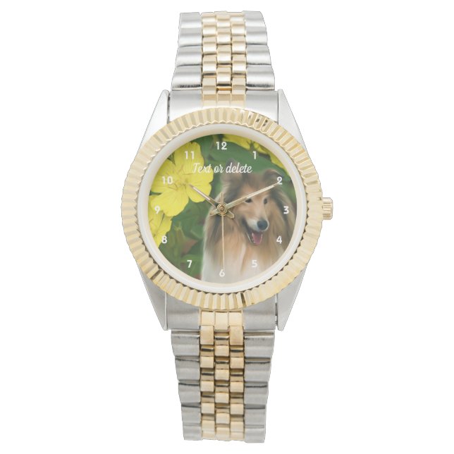 Sable Collie Dog en de Gele Bloemen gepersonalisee Horloge (Voorkant)