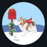 Sable Papillon Christmas Mail Ronde Sticker<br><div class="desc">Vier het seizoen met deze kostbare Sable Papillon pup, gebundeld in een knus rode gebreide sjaal, speels door de wintersneeuw heen, met feestelijke vakantiepost naar de brievenbus. Het is een hartverwarmende scène die je hart zal doen smelten. Verspreid de kerstvreugde - en schattigheid - met deze Sable Papillon Christmas Mail...</div>