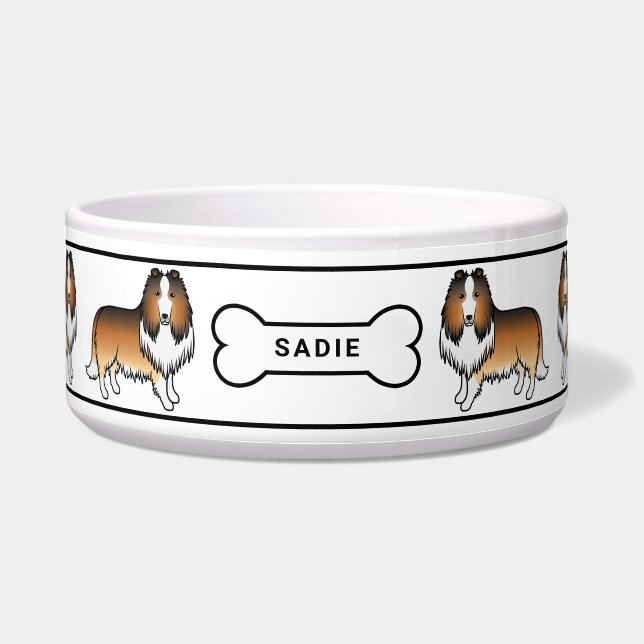 Sable Rough Collie Honden Met Bot & Naam Voerbakje (Voorkant)