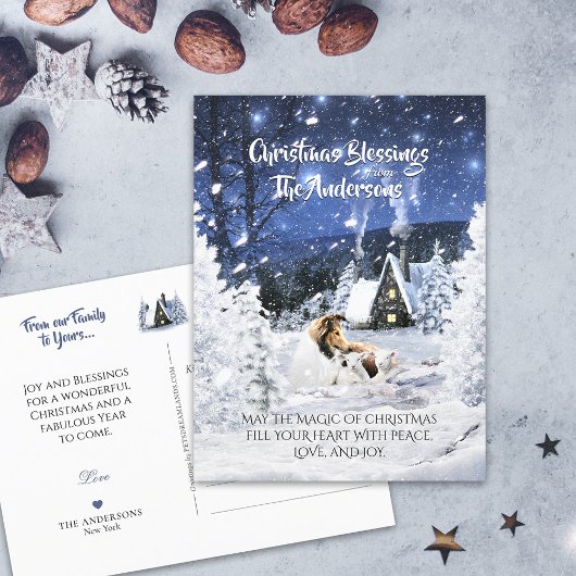 Sable Rough Collie & Lamb, Magic White Kerstmis - Briefkaart