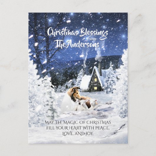 Sable Rough Collie & Lamb, Magic White Kerstmis - Briefkaart (Voorkant)