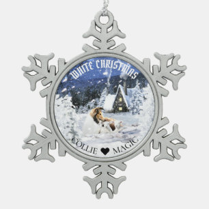 Sable Rough Collie & Lambs in Magic Snowy Night - Tin Sneeuwvlok Ornament