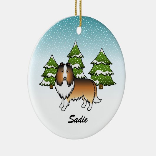 Sable Sheltie Cartoon Dog in Winter & Name Keramisch Ornament (Rechts)