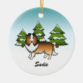 Sable Sheltie Cartoon Dog in Winter & Name Keramisch Ornament (Voorkant)