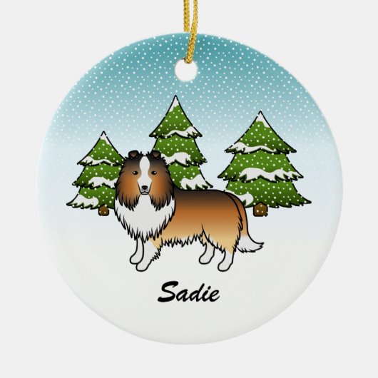 Sable Sheltie Cartoon Dog in Winter & Name Keramisch Ornament (Voorkant)