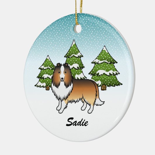 Sable Sheltie Cartoon Dog in Winter & Name Keramisch Ornament (Links)