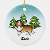 Sable Sheltie Cartoon Dog in Winter & Name Keramisch Ornament (Achterkant)
