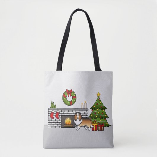 Sable Shetland Sheepdog Dog in een kerstzaal Tote Bag (Voorkant)