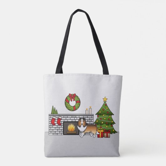 Sable Shetland Sheepdog Dog in een kerstzaal Tote Bag (Achterkant)