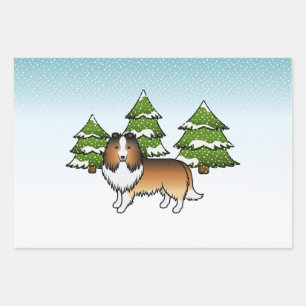 Sable Shetland Sheepdog In Een Winterbos Inpakpapier Vel