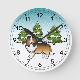 Sable Shetland Sheepdog In Een Winterbos Ronde Klok