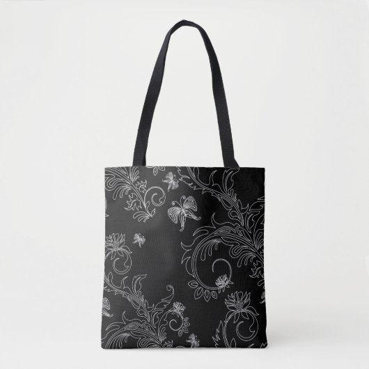 sac cabas ornement fleurs noir et blanc tote bag (Voorkant)