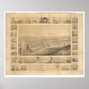 Sacramento, CA. Panoramische kaart 1857 (0066A) Poster