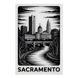 Sacramento Californië Silhouette Zwart Wit Houtsne Perfect Poster
