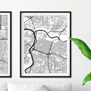 Sacramento Map, Modern Black en White City Map Poster