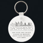 Sacramento Stylized Skyline | Aangepaste slogan Sleutelhanger<br><div class="desc">Een unieke sleutelketen die de prachtige stad Sacramento in Californië vertegenwoordigt. Deze sleutelhanger bevat een gestileerde illustratie van de unieke skyline van de stad met de naam eronder. Onder de stadsnaam bevindt zich een plek voor je unieke slogan of verklaring over je favoriete stad.</div>