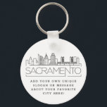 Sacramento Stylized Skyline | Aangepaste slogan Sleutelhanger<br><div class="desc">Een unieke sleutelketen die de prachtige stad Sacramento in Californië vertegenwoordigt. Deze sleutelhanger bevat een gestileerde illustratie van de unieke skyline van de stad met de naam eronder. Onder de stadsnaam bevindt zich een plek voor je unieke slogan of verklaring over je favoriete stad.</div>