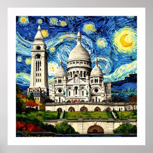 Sacre-Coeur Paris France Starry Night Poster (Voorkant)