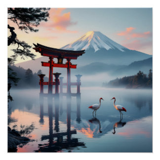 Sacred Dance: Red Crown Cranes at Fuji's Gate Perfect Poster